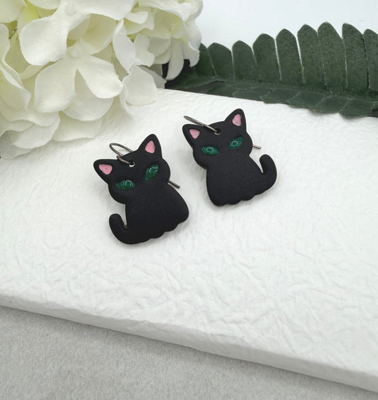Earrings Made with Polymer Clay Black Cats with Green Eyes PCE-1095