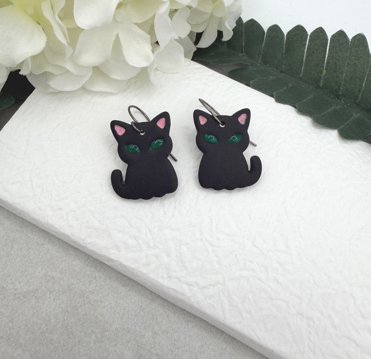 Earrings Made with Polymer Clay Black Cats with Green Eyes PCE-1095