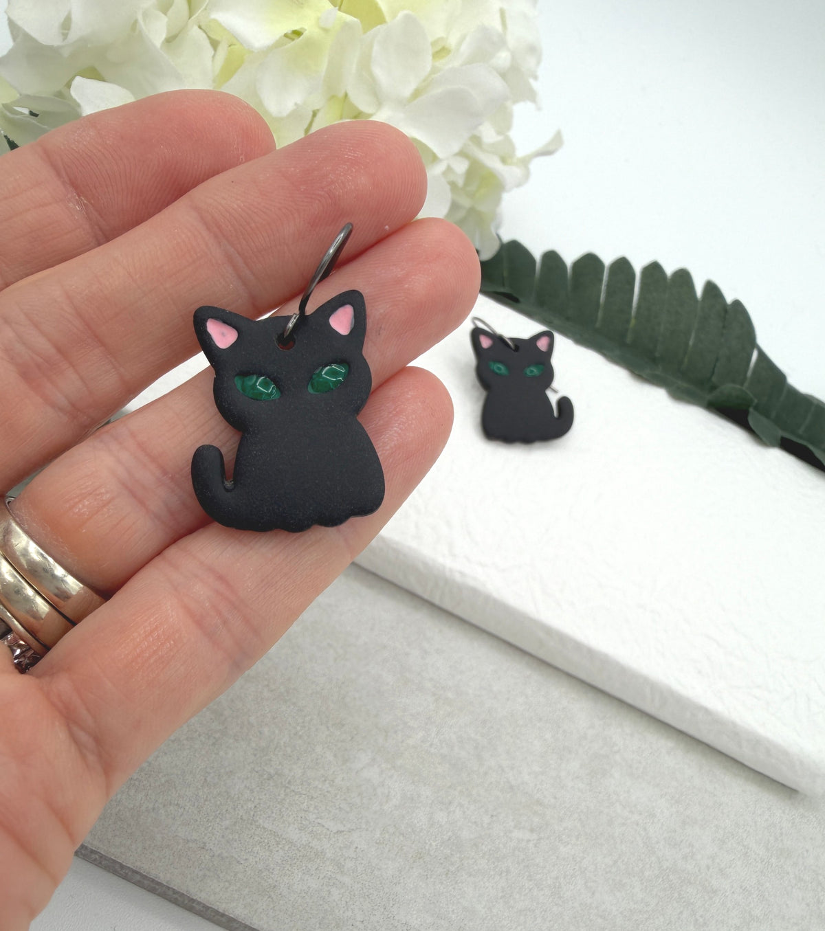 Earrings Made with Polymer Clay Black Cats with Green Eyes PCE-1095