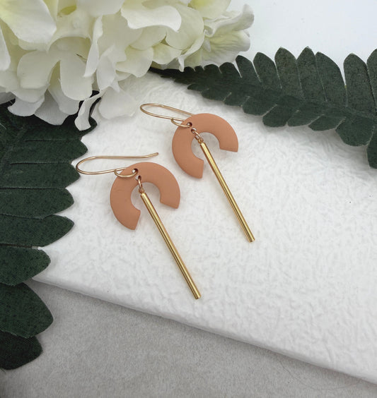 Earrings Made with Peach Polymer Clay and Gold Plated Line Charms - PCE-936