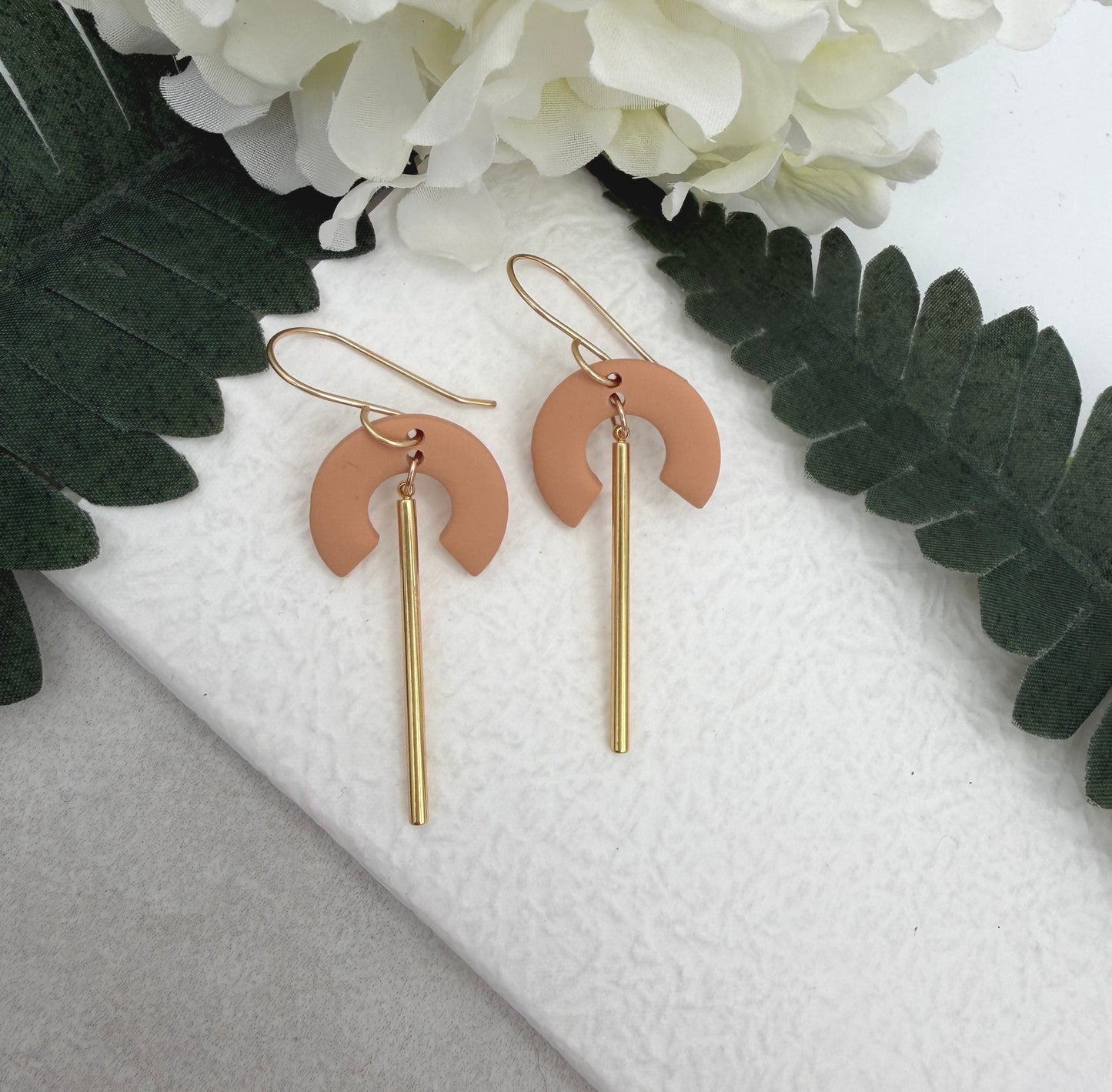 Earrings Made with Peach Polymer Clay and Gold Plated Line Charms - PCE-936