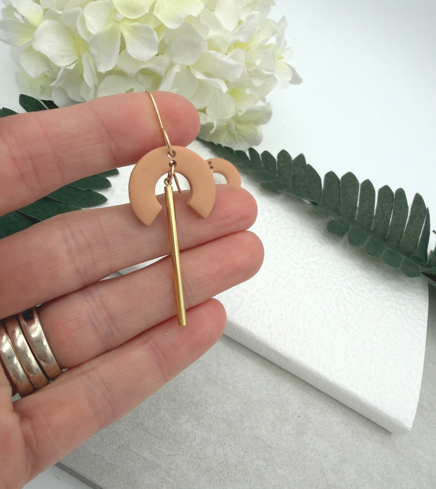 Earrings Made with Peach Polymer Clay and Gold Plated Line Charms - PCE-936