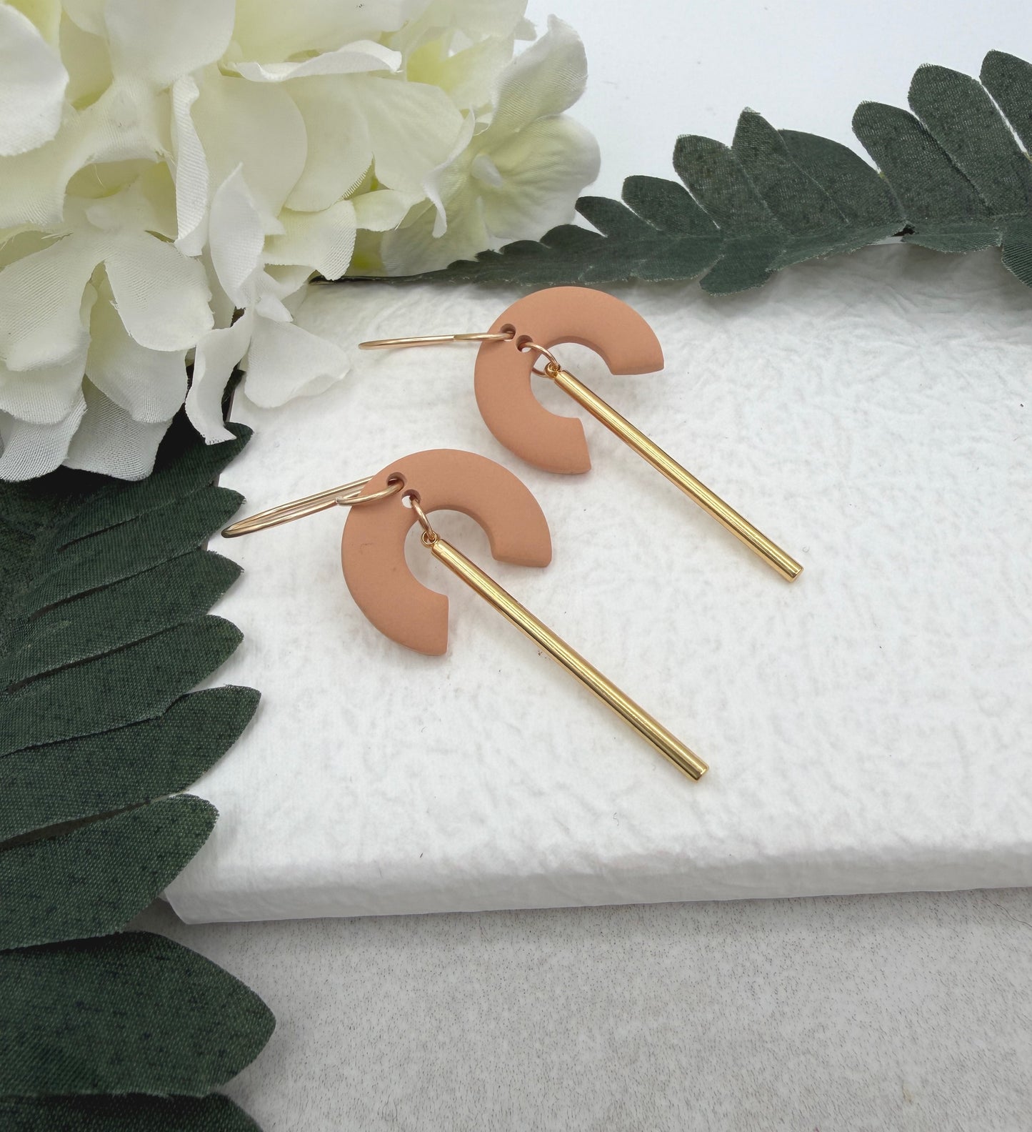 Earrings Made with Peach Polymer Clay and Gold Plated Line Charms - PCE-936