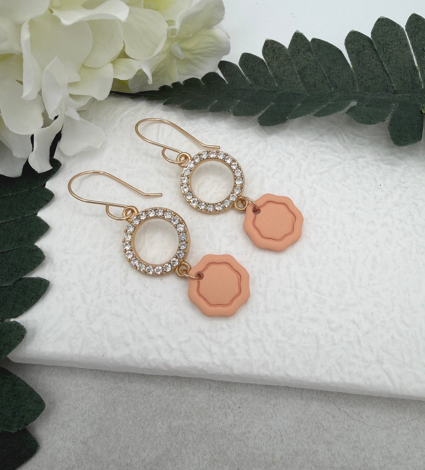 Earrings Made with Peach Polymer Clay Octagons and Rhinestone Circles - PCE-938