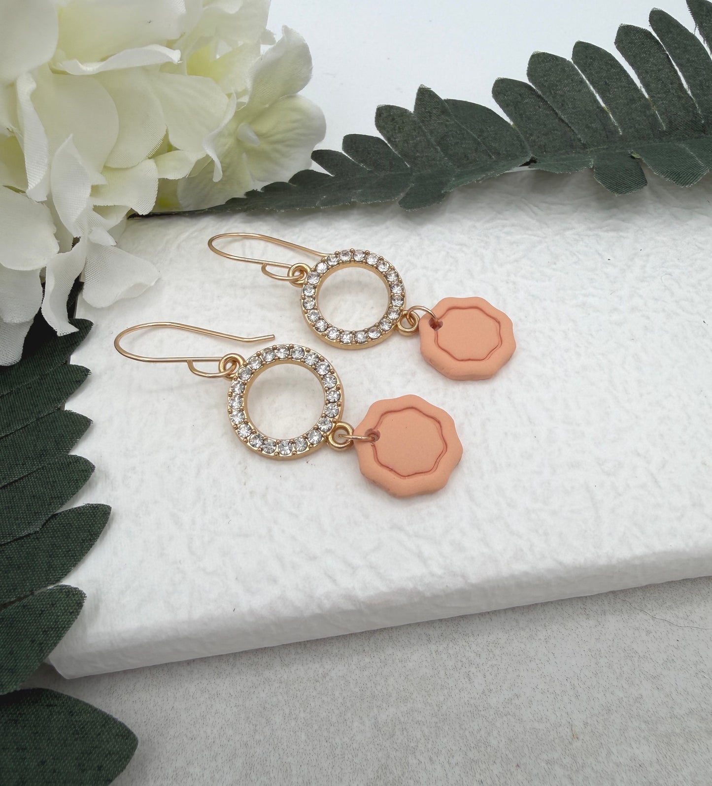 Earrings Made with Peach Polymer Clay Octagons and Rhinestone Circles - PCE-938