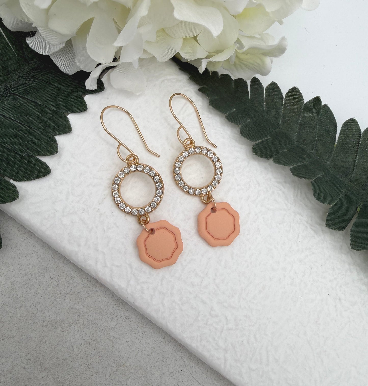 Earrings Made with Peach Polymer Clay Octagons and Rhinestone Circles - PCE-938