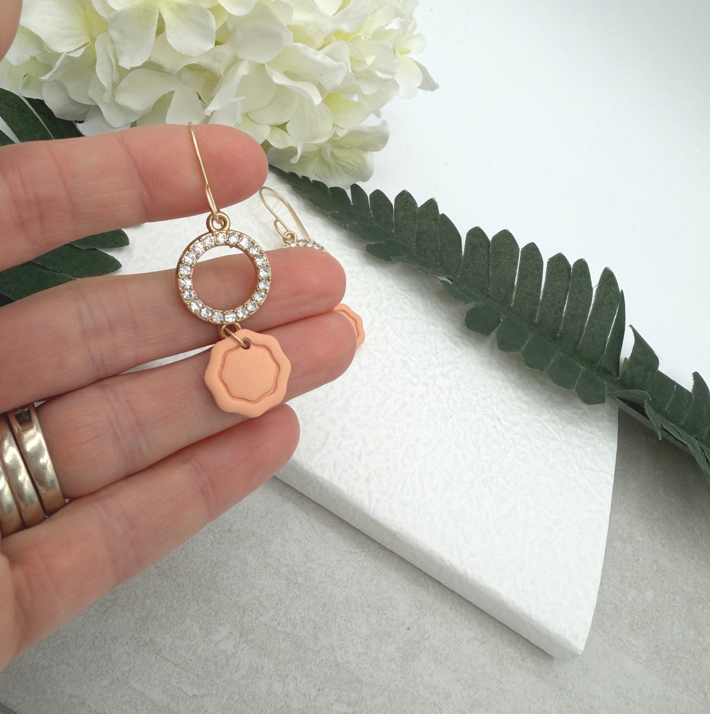 Earrings Made with Peach Polymer Clay Octagons and Rhinestone Circles - PCE-938
