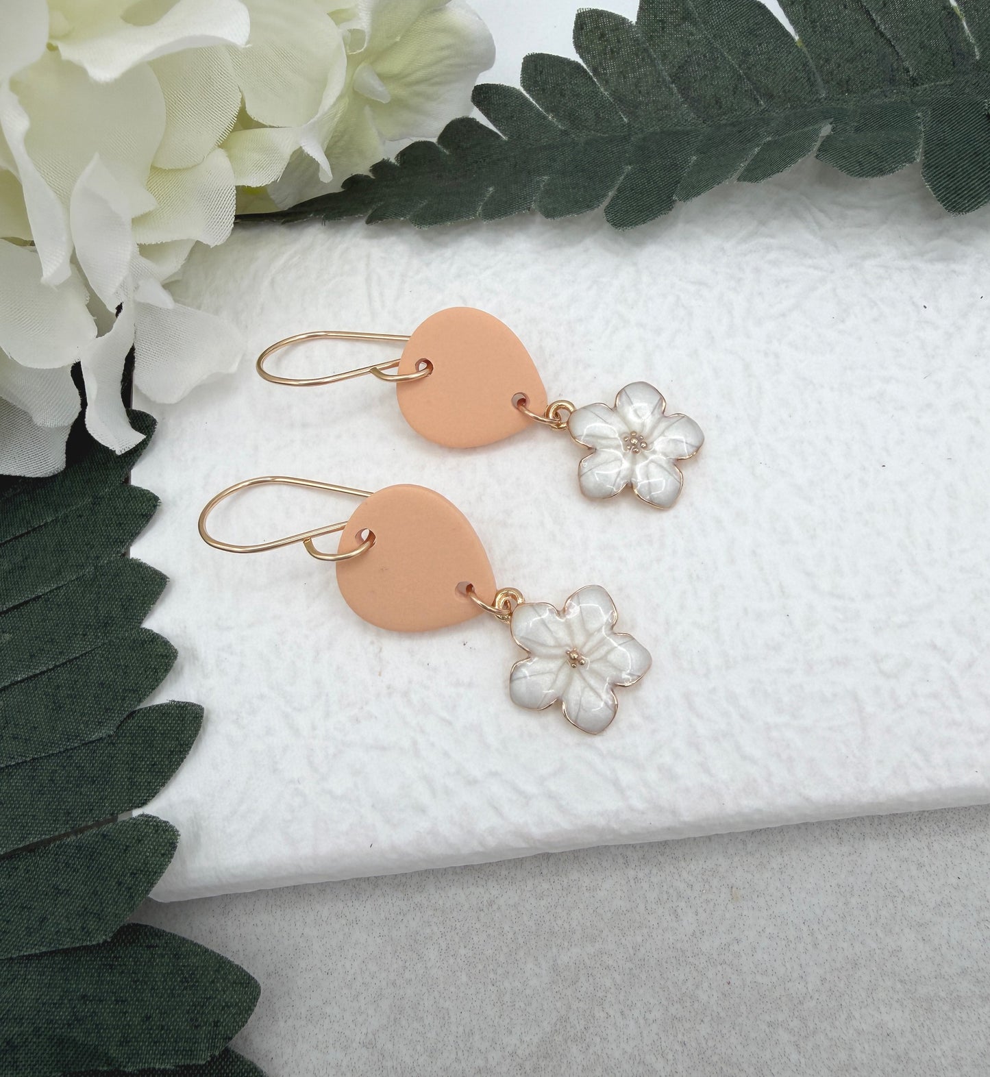Earrings Made with Peach Polymer Clay Teardrops and Gold Plated Flower Charms - PCE-939
