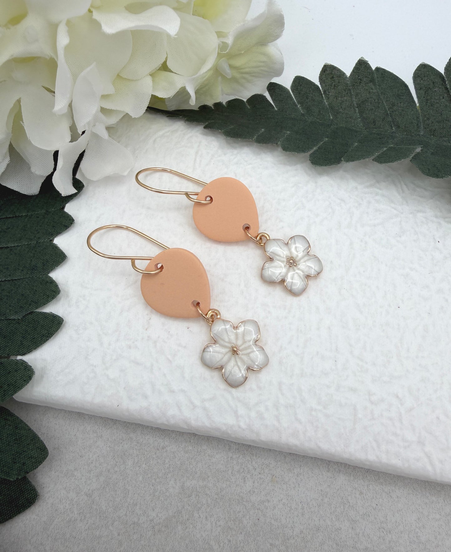 Earrings Made with Peach Polymer Clay Teardrops and Gold Plated Flower Charms - PCE-939