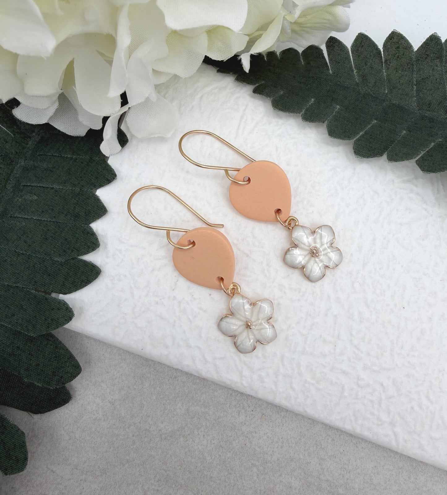 Earrings Made with Peach Polymer Clay Teardrops and Gold Plated Flower Charms - PCE-939