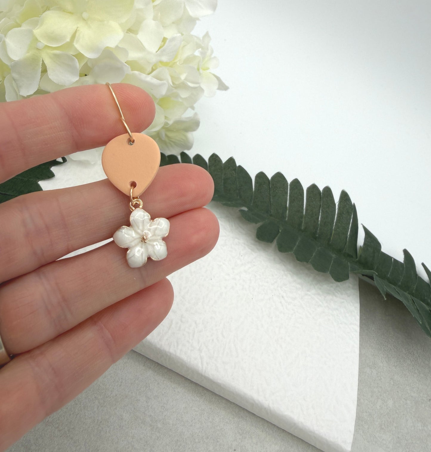 Earrings Made with Peach Polymer Clay Teardrops and Gold Plated Flower Charms - PCE-939