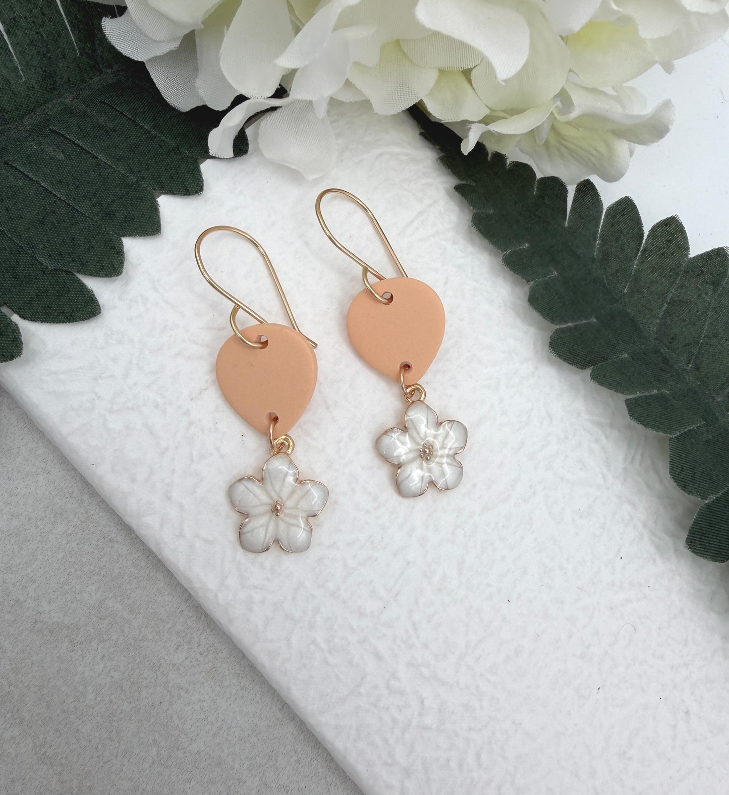 Earrings Made with Peach Polymer Clay Teardrops and Gold Plated Flower Charms - PCE-939