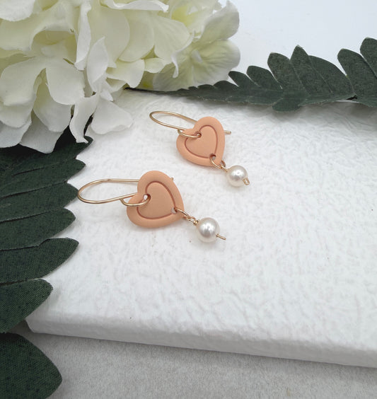 Earrings Made with Peach Polymer Clay Hearts and Pearls - PCE-940