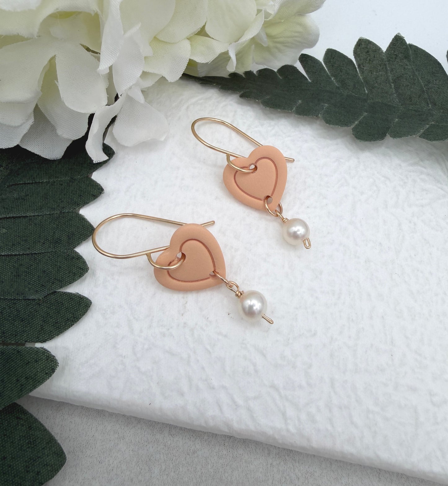 Earrings Made with Peach Polymer Clay Hearts and Pearls - PCE-940