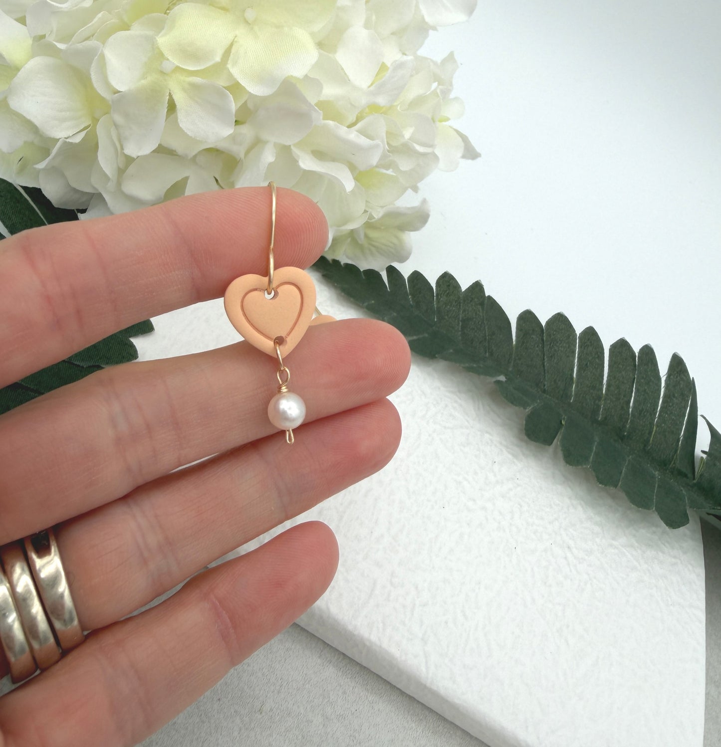 Earrings Made with Peach Polymer Clay Hearts and Pearls - PCE-940