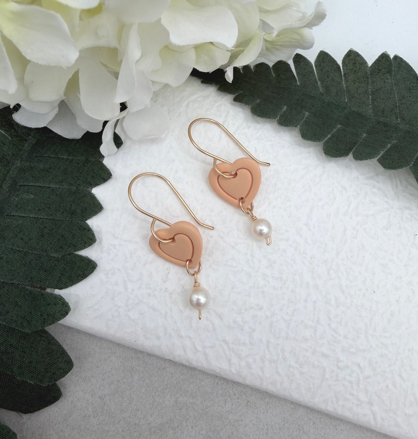 Earrings Made with Peach Polymer Clay Hearts and Pearls - PCE-940