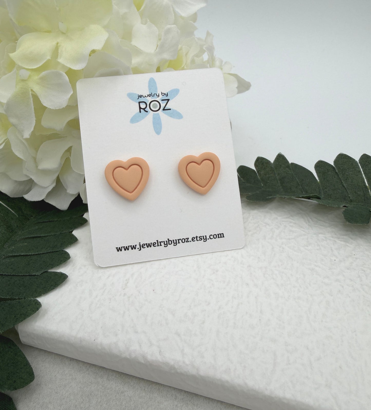 Stud Earrings Made with Peach Polymer Clay Hearts and Sterling Silver Posts PCE-941