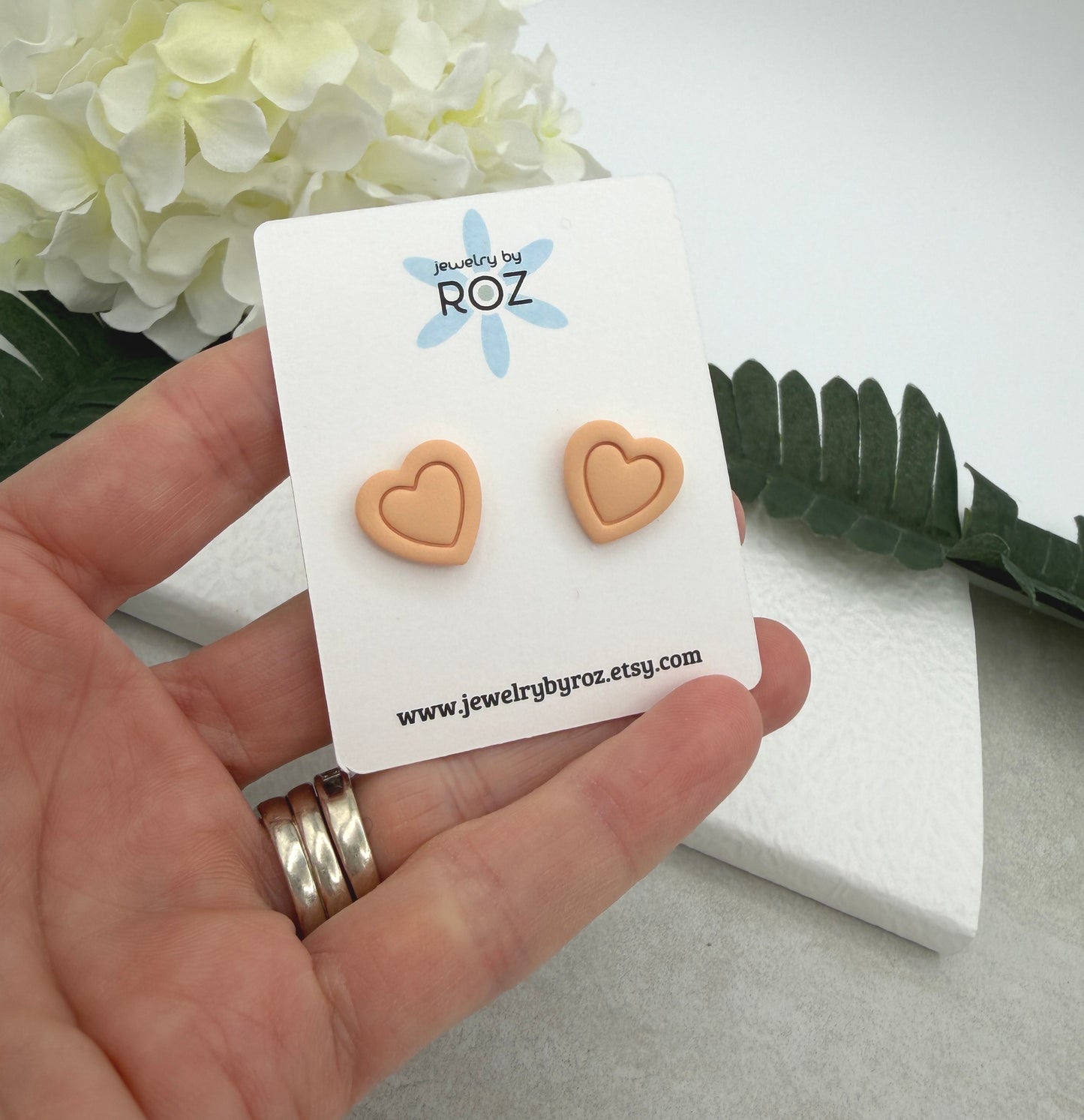 Stud Earrings Made with Peach Polymer Clay Hearts and Sterling Silver Posts PCE-941