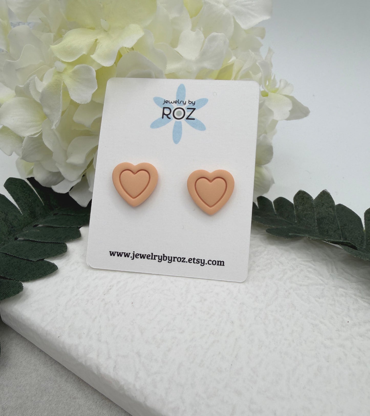 Stud Earrings Made with Peach Polymer Clay Hearts and Sterling Silver Posts PCE-941