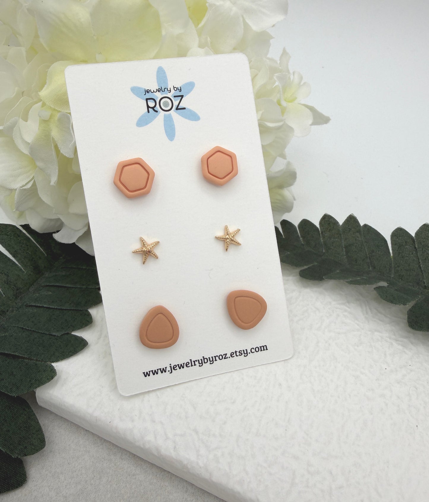 Stud Earrings Made with 2 Shades of Peach Polymer Clay, Starfish Posts and Sterling Silver Posts PCE-942