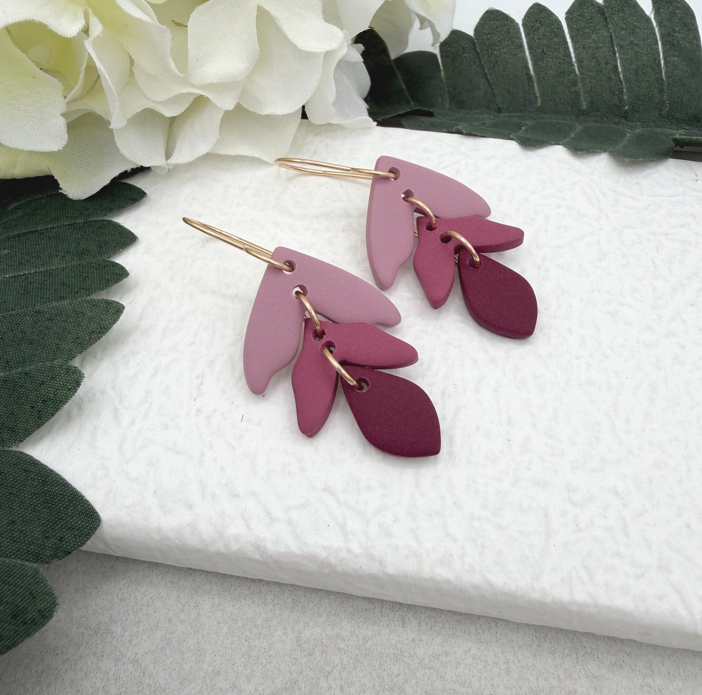 Earrings Made with Pink Polymer Clay Petals in 3 Shades of Pink PCE-946
