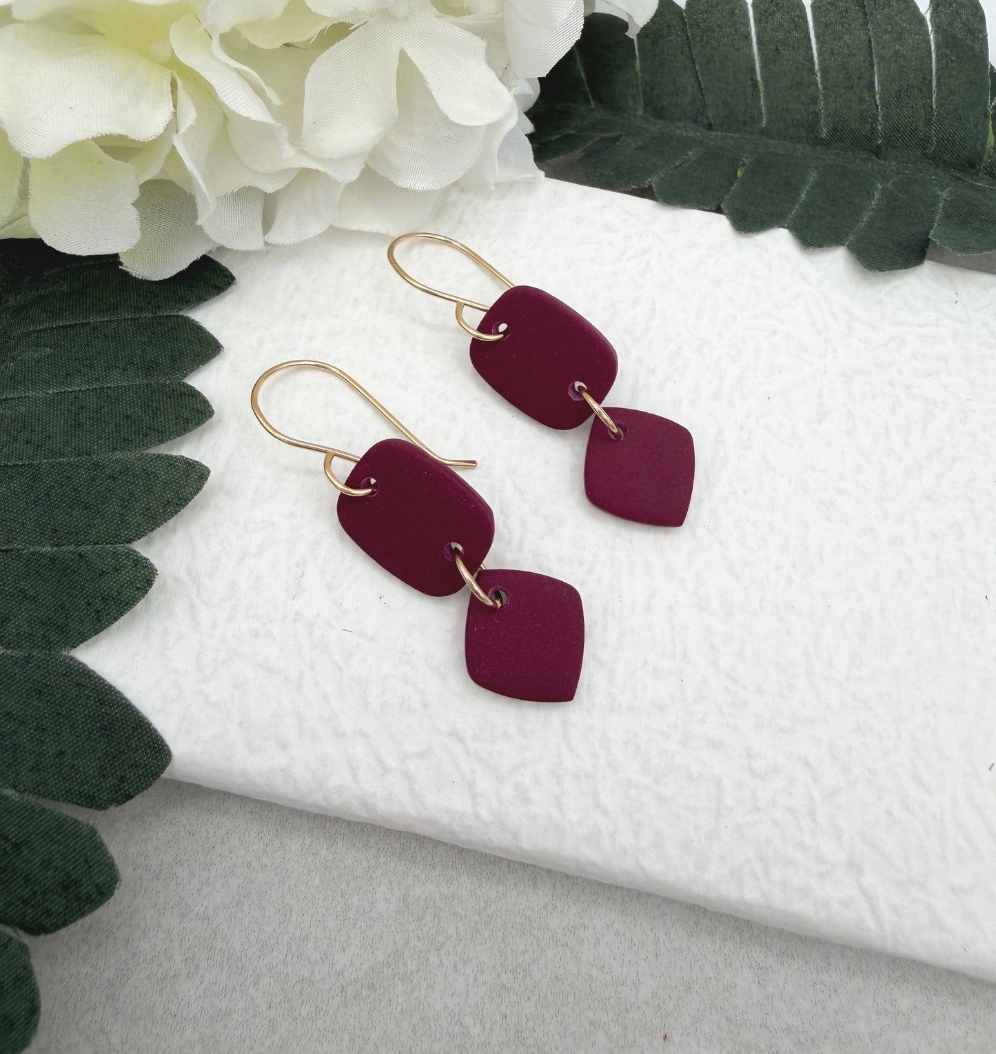 Earrings Made with a Deep Pink Polymer Clay Shaped into Rectangles and Squares PCE-947