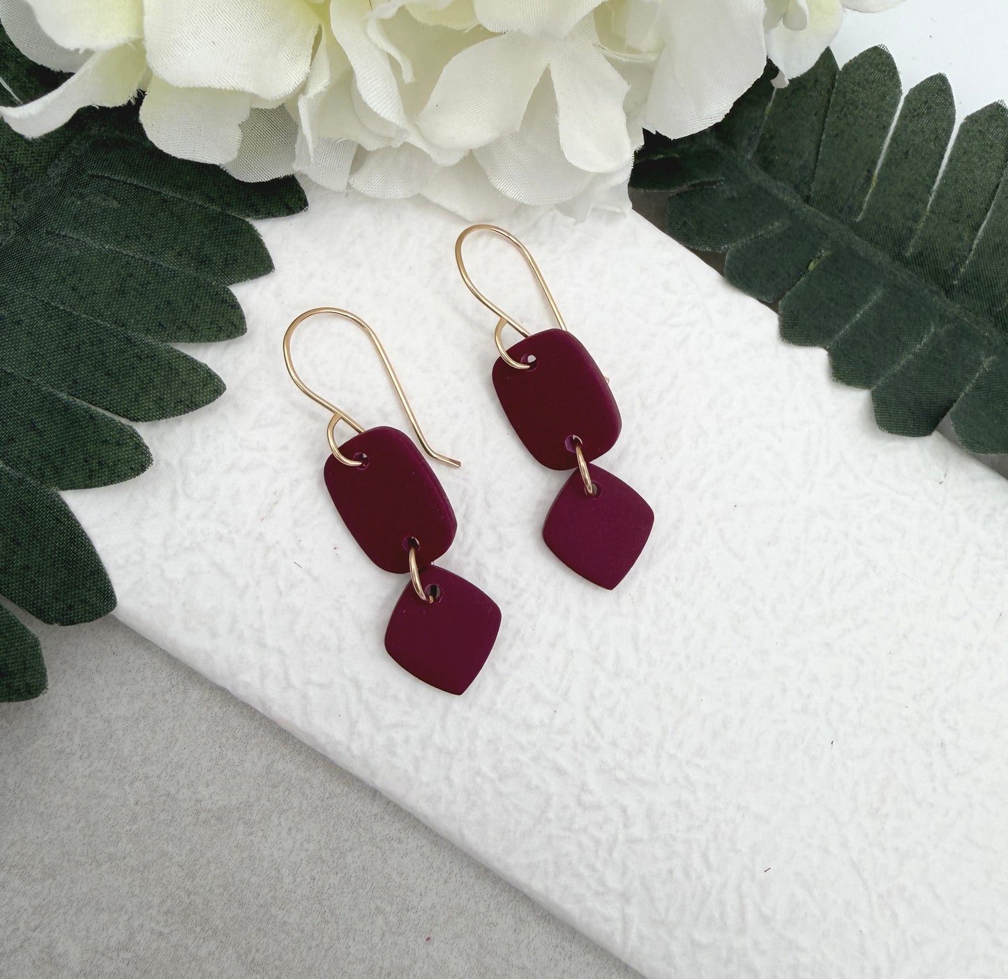 Earrings Made with a Deep Pink Polymer Clay Shaped into Rectangles and Squares PCE-947