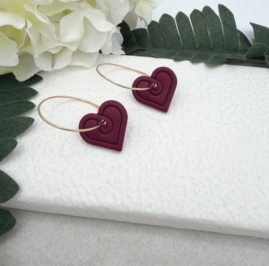 Earrings Made with a Deep Pink Polymer Clay Shaped into Hearts on Hoops PCE-948