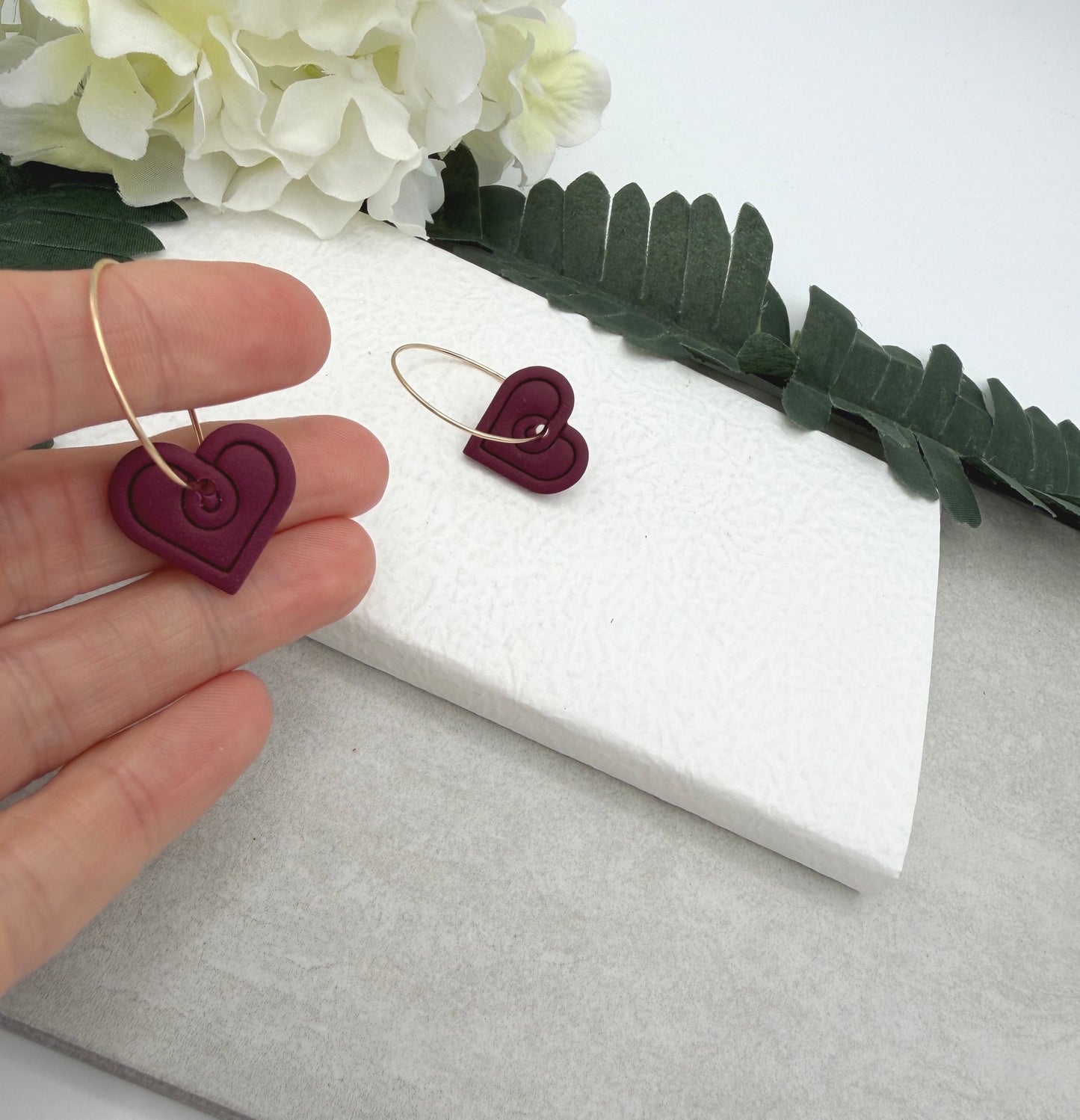 Earrings Made with a Deep Pink Polymer Clay Shaped into Hearts on Hoops PCE-948