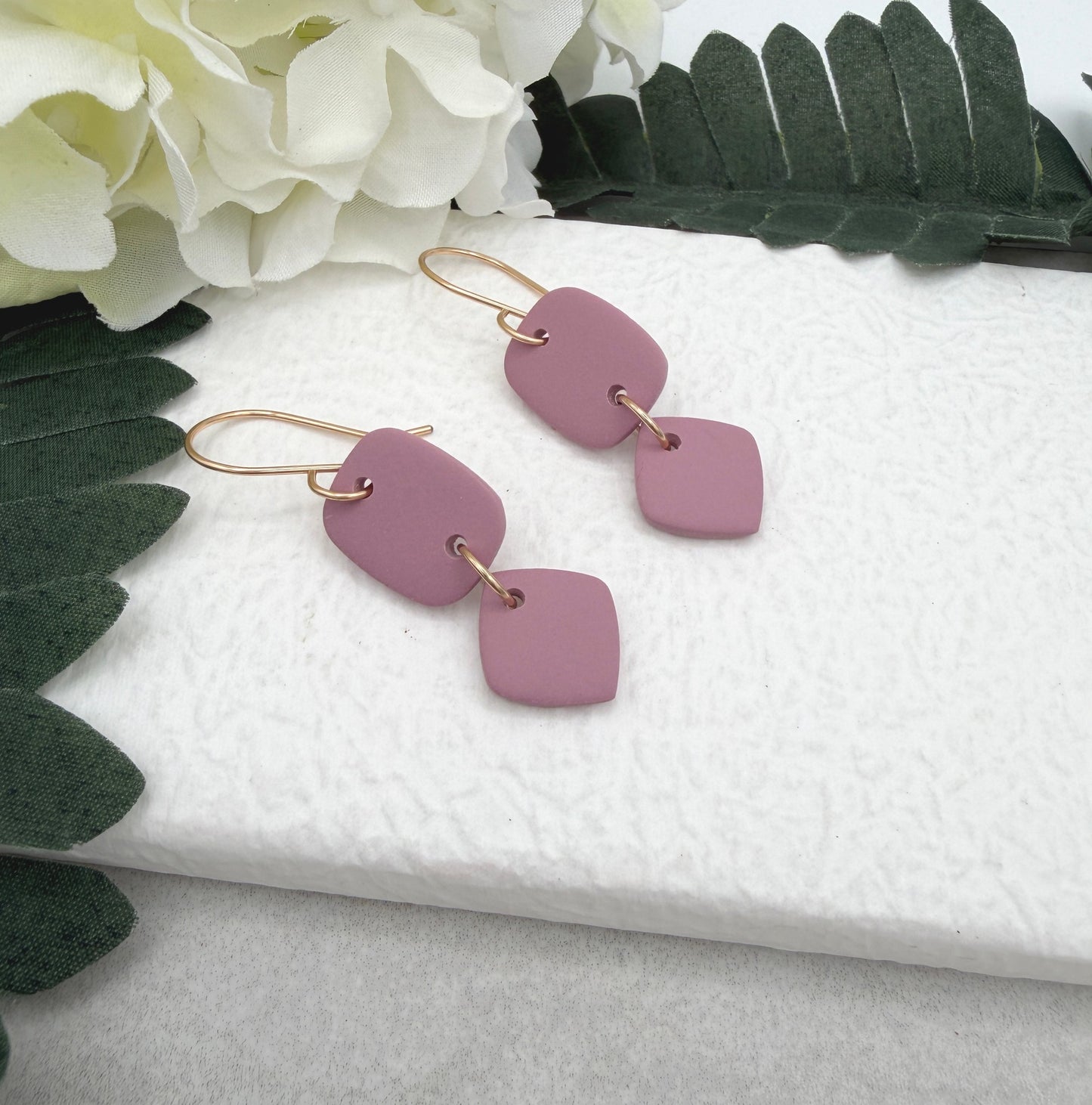Earrings Made with Pink Polymer Clay Shaped into Rectangles and Squares PCE-949