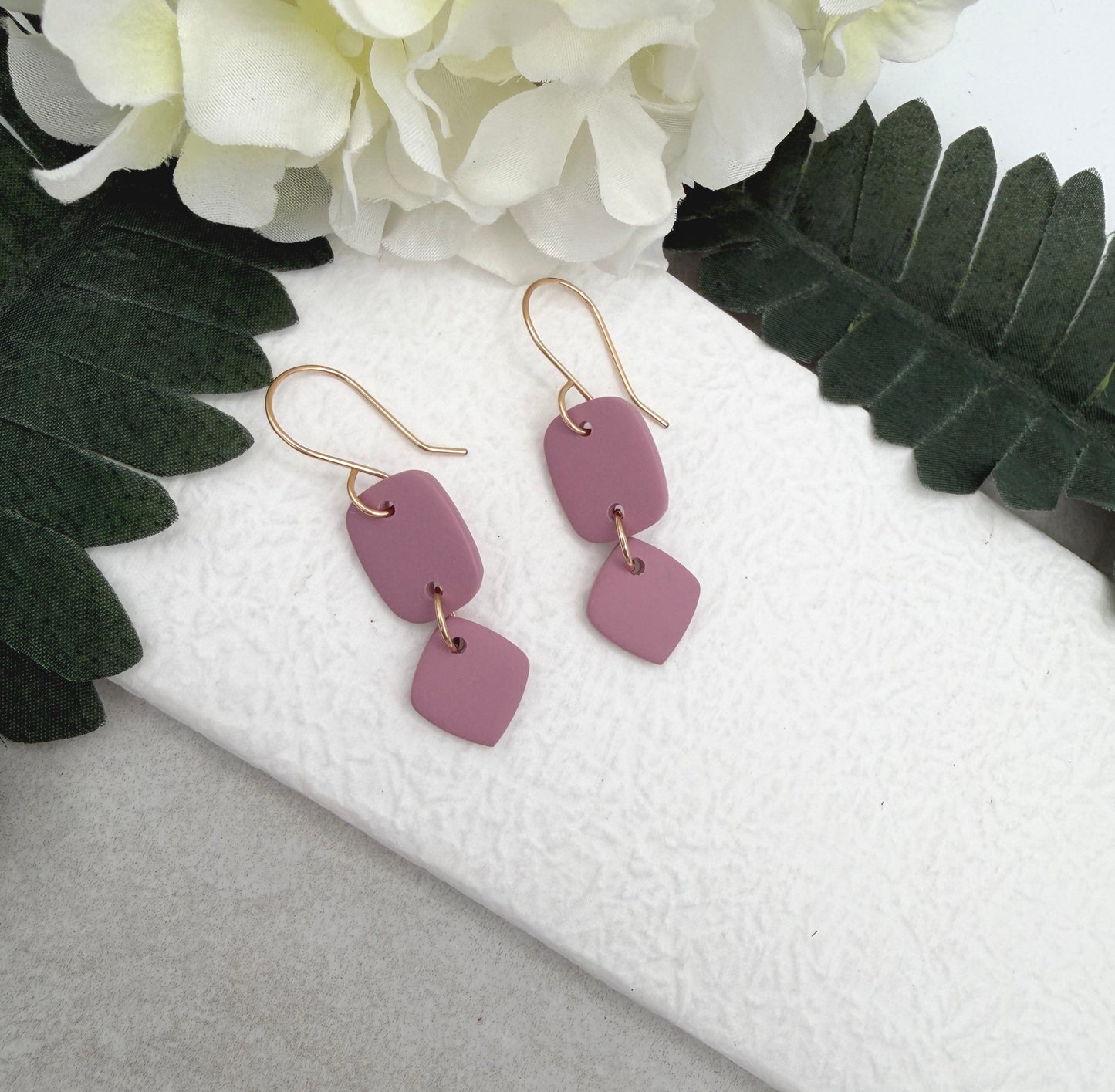 Earrings Made with Pink Polymer Clay Shaped into Rectangles and Squares PCE-949