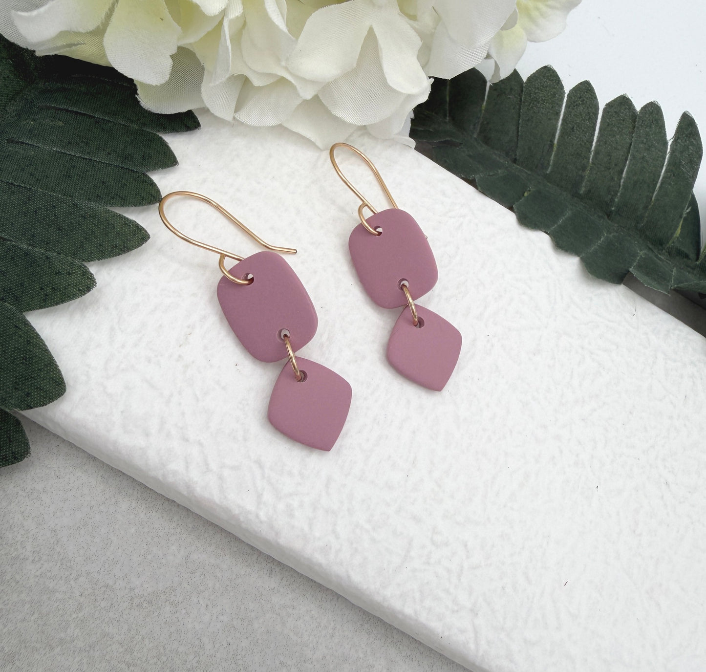 Earrings Made with Pink Polymer Clay Shaped into Rectangles and Squares PCE-949