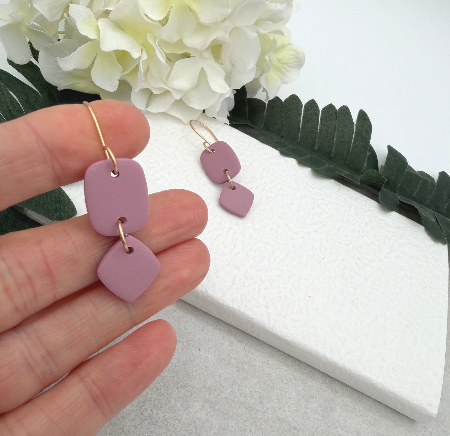 Earrings Made with Pink Polymer Clay Shaped into Rectangles and Squares PCE-949