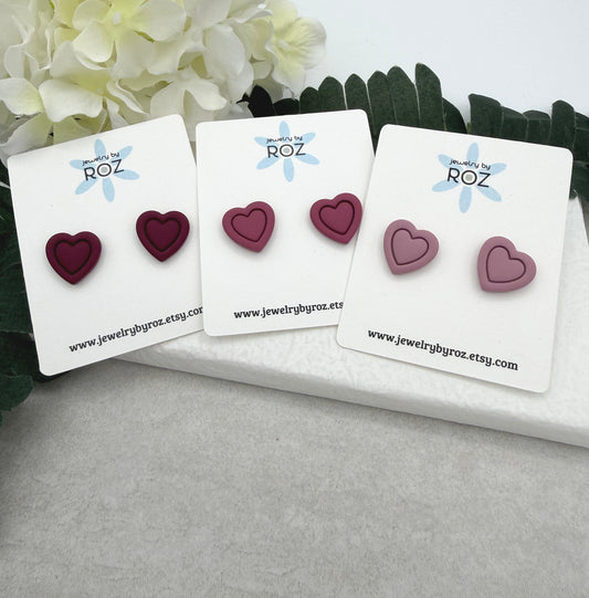 Stud Earrings Made with Polymer Clay Hearts and Sterling Silver Posts in 3 Shades of Pink PCE-951