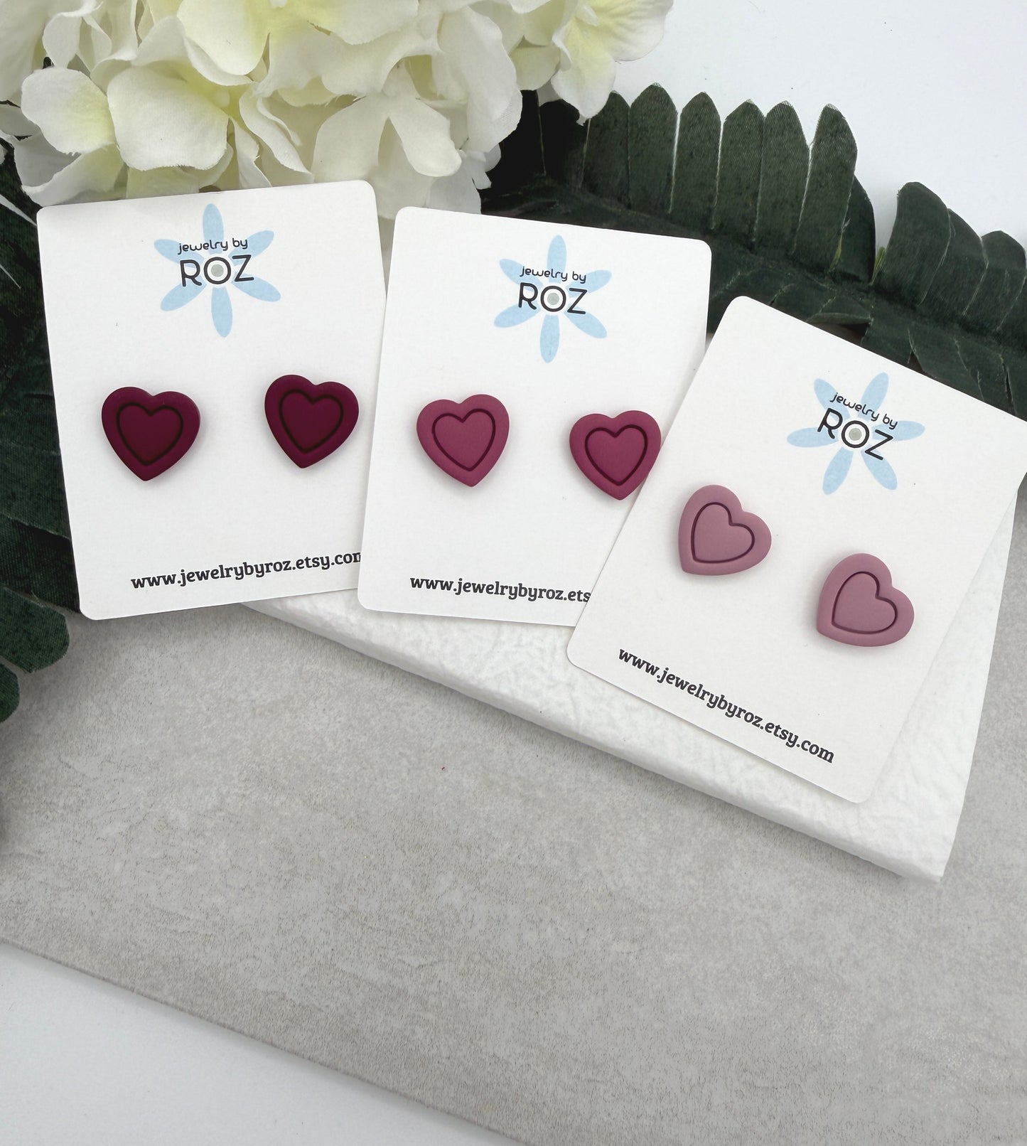 Stud Earrings Made with Polymer Clay Hearts and Sterling Silver Posts in 3 Shades of Pink PCE-951