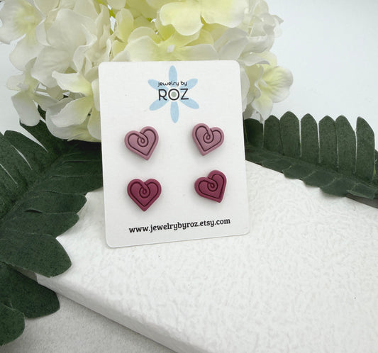Stud Earrings Made with Polymer Clay Hearts and Sterling Silver Posts in 2 Shades of Pink PCE-952