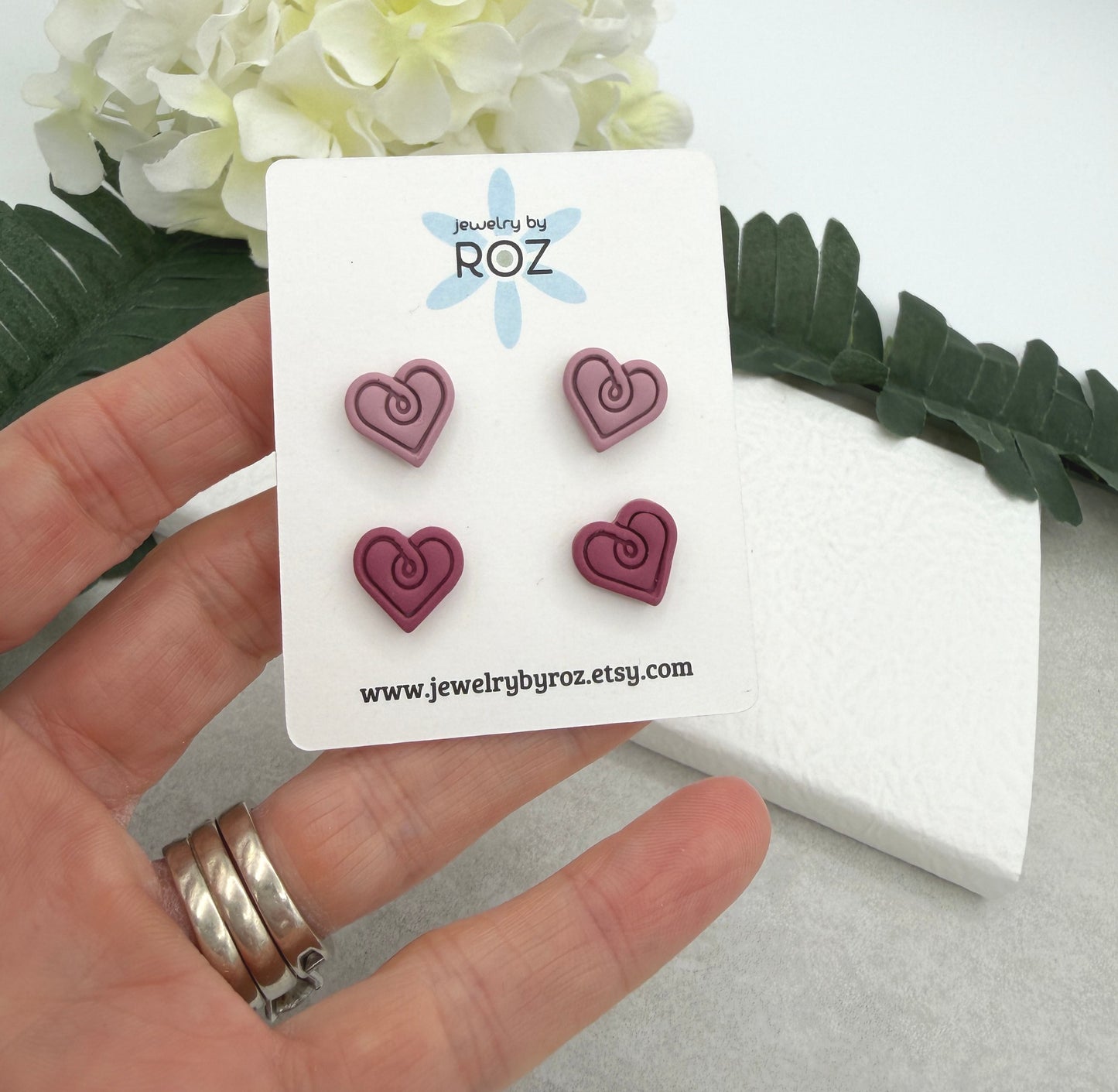 Stud Earrings Made with Polymer Clay Hearts and Sterling Silver Posts in 2 Shades of Pink PCE-952