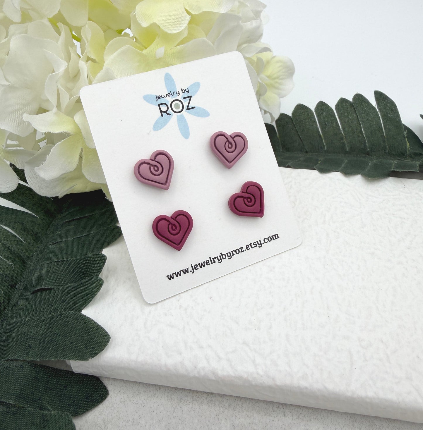 Stud Earrings Made with Polymer Clay Hearts and Sterling Silver Posts in 2 Shades of Pink PCE-952