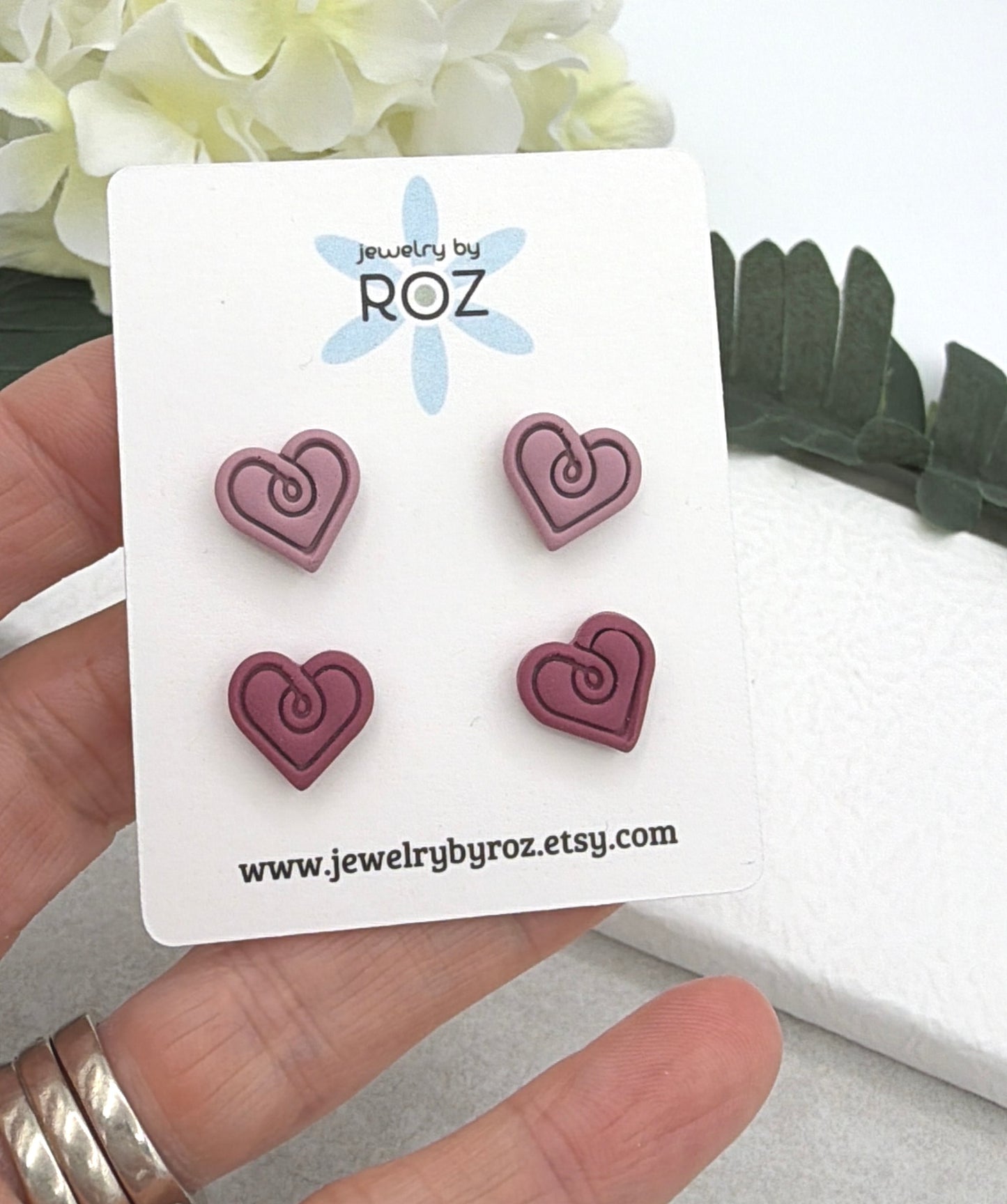 Stud Earrings Made with Polymer Clay Hearts and Sterling Silver Posts in 2 Shades of Pink PCE-952