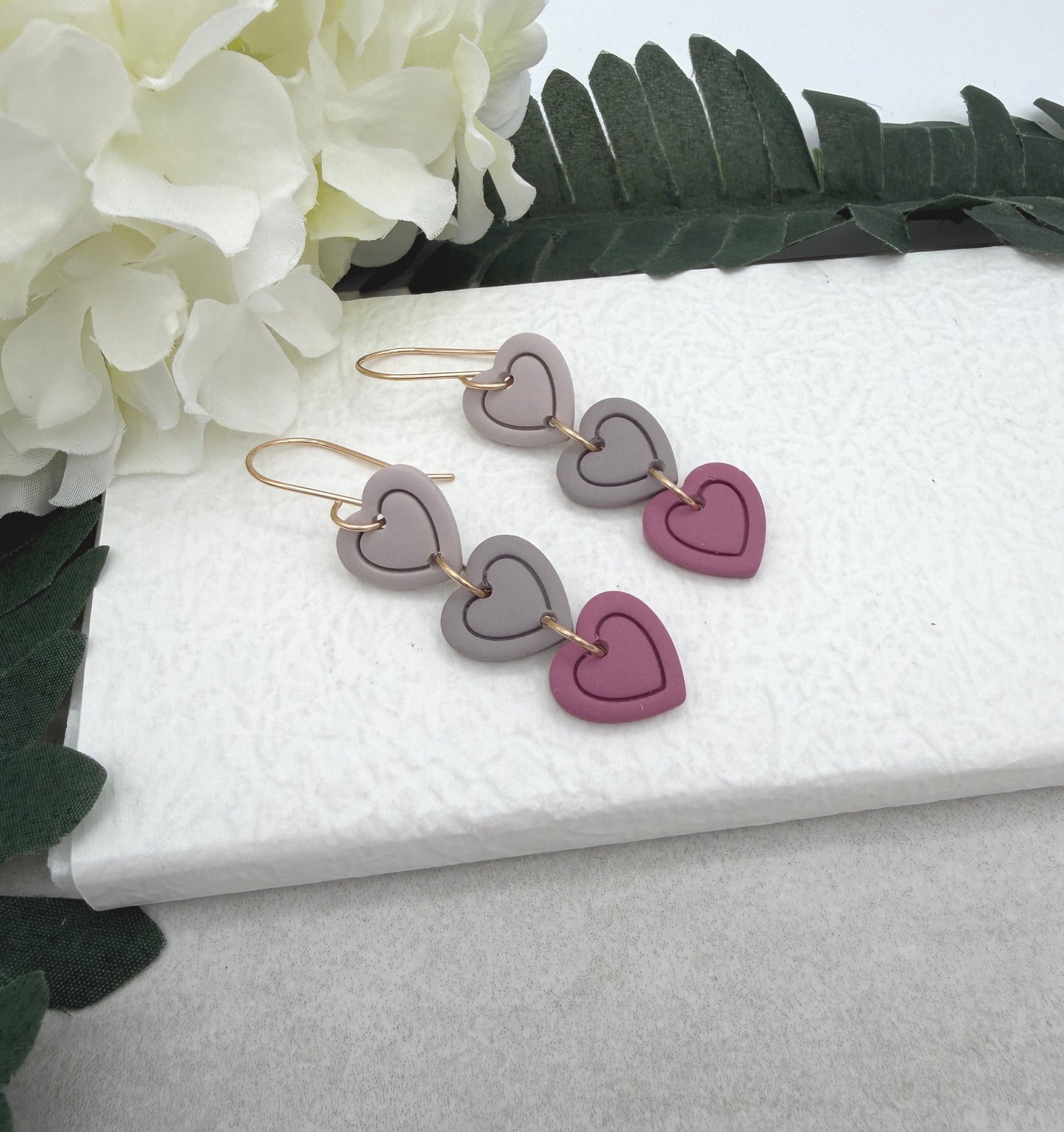 Earrings Made with Polymer Clay Hearts in Shades of Pink  and Pink Gray PCE-953