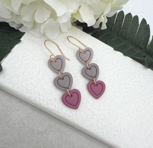 Earrings Made with Polymer Clay Hearts in Shades of Pink  and Pink Gray PCE-953