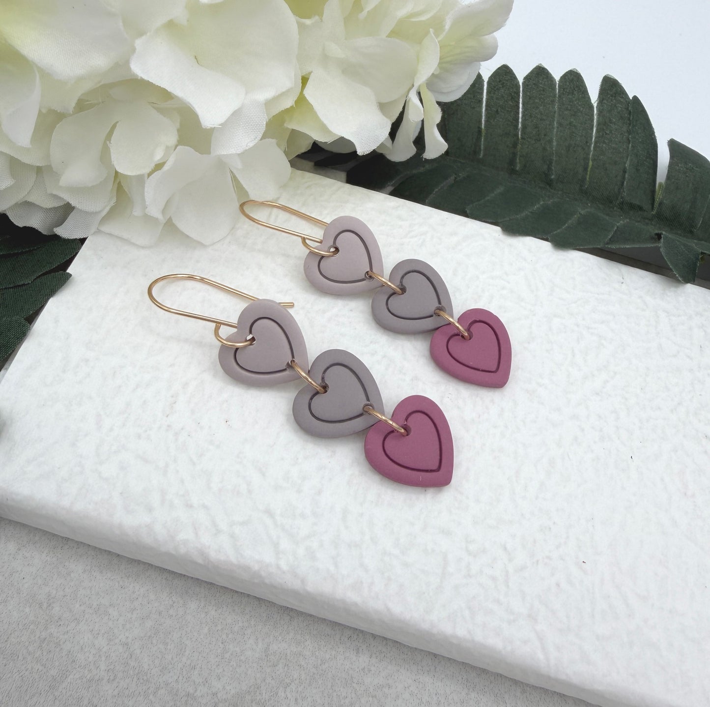 Earrings Made with Polymer Clay Hearts in Shades of Pink  and Pink Gray PCE-953