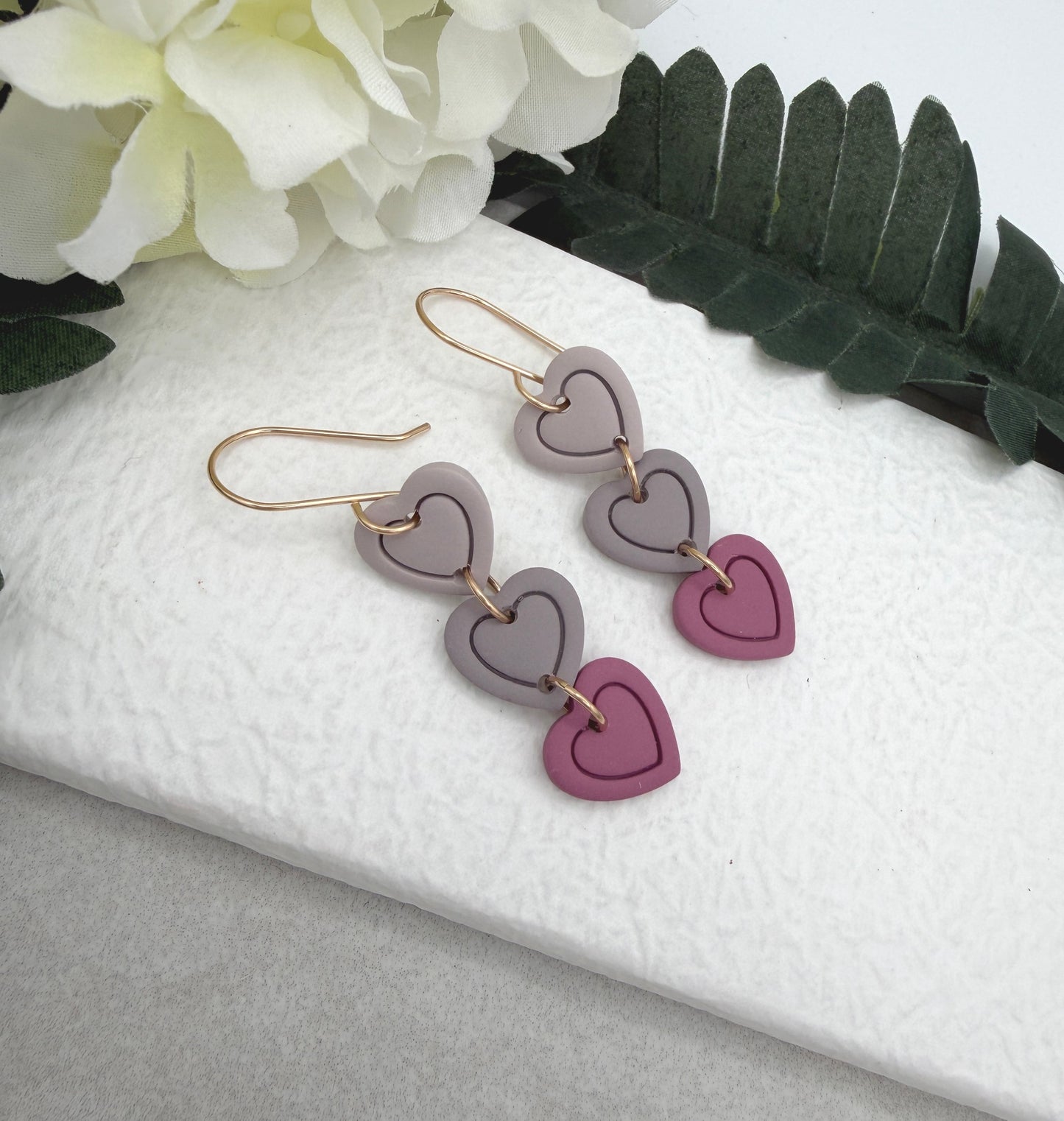 Earrings Made with Polymer Clay Hearts in Shades of Pink  and Pink Gray PCE-953