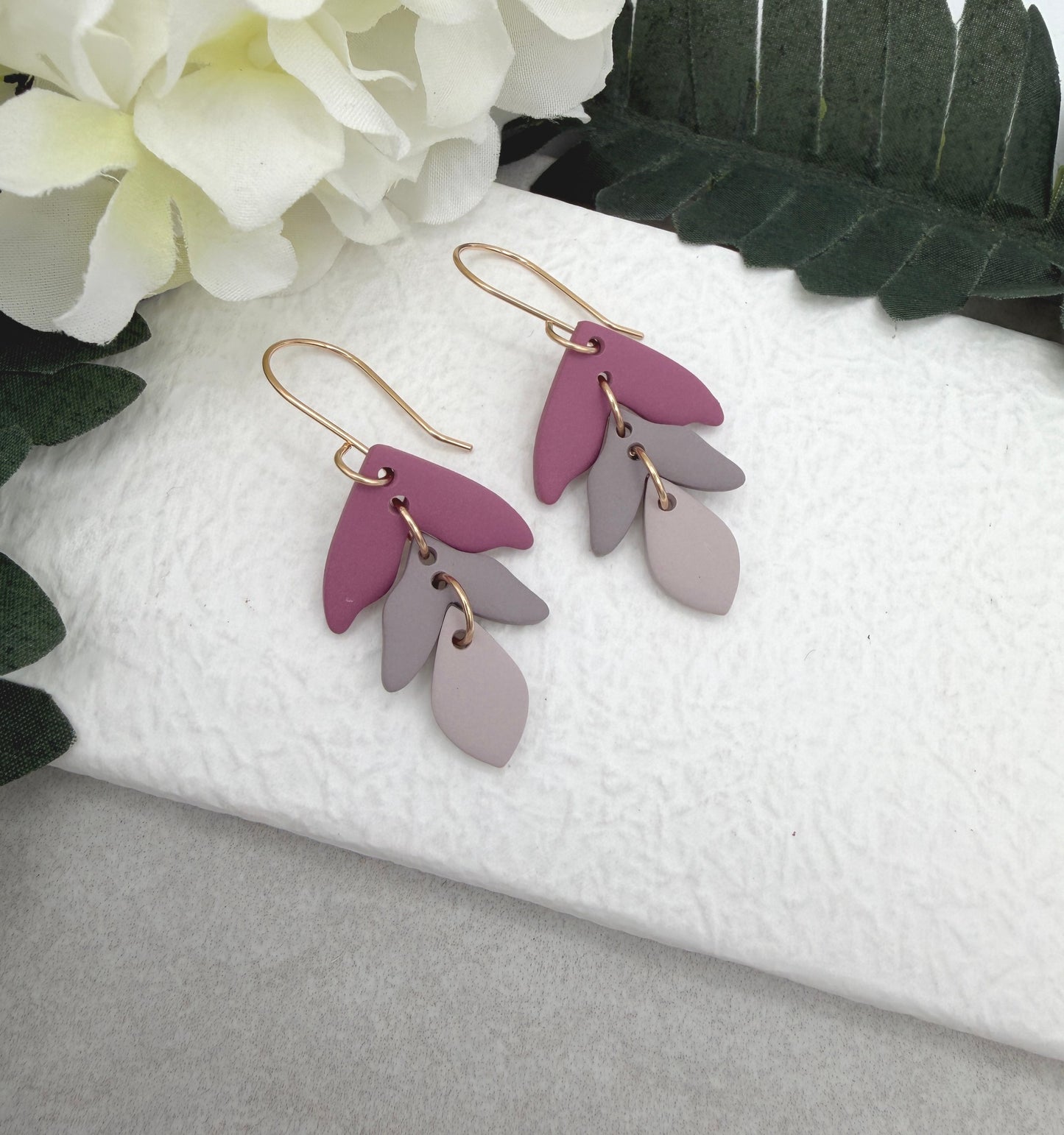 Earrings Made with Polymer Clay Petals in Shades of Pink  and Pink Gray PCE-954