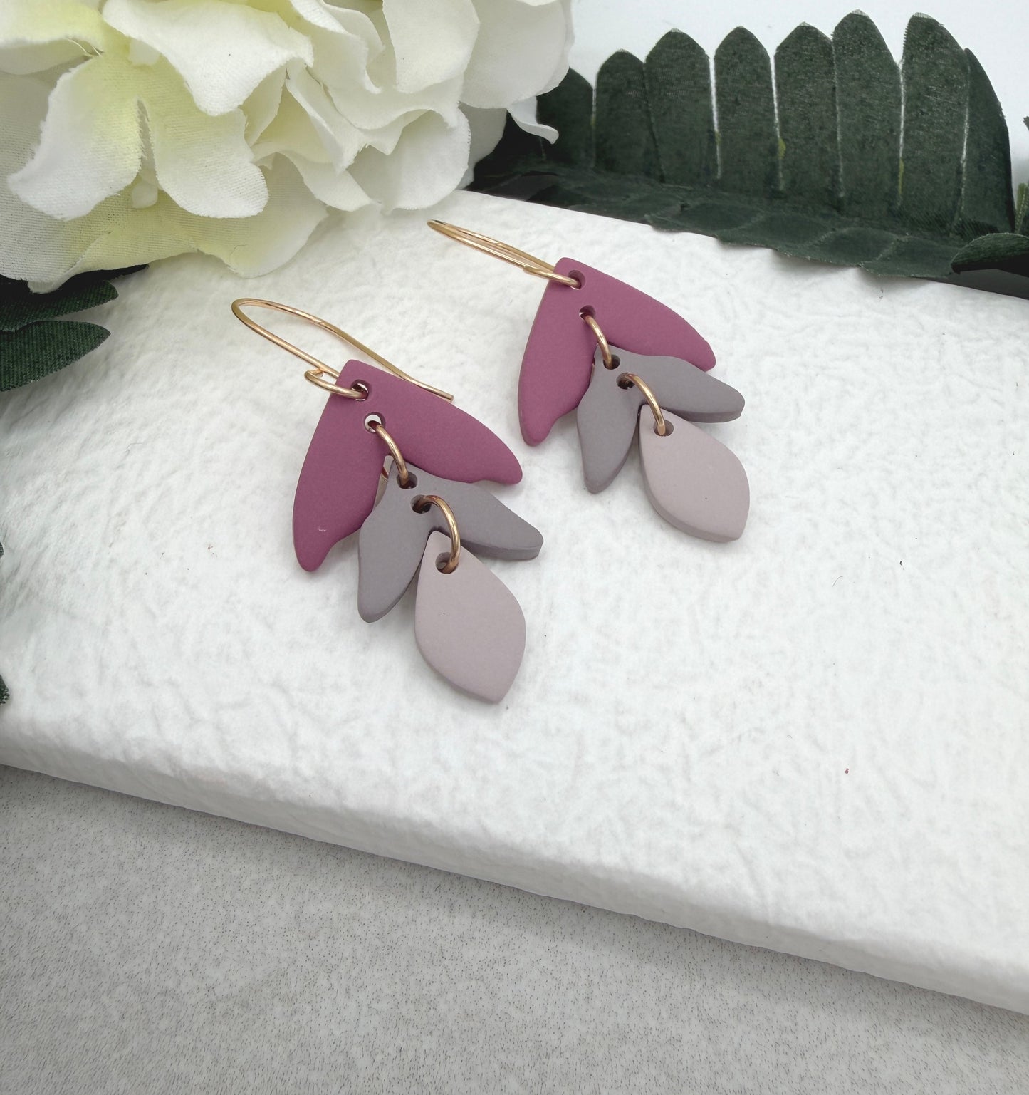 Earrings Made with Polymer Clay Petals in Shades of Pink  and Pink Gray PCE-954