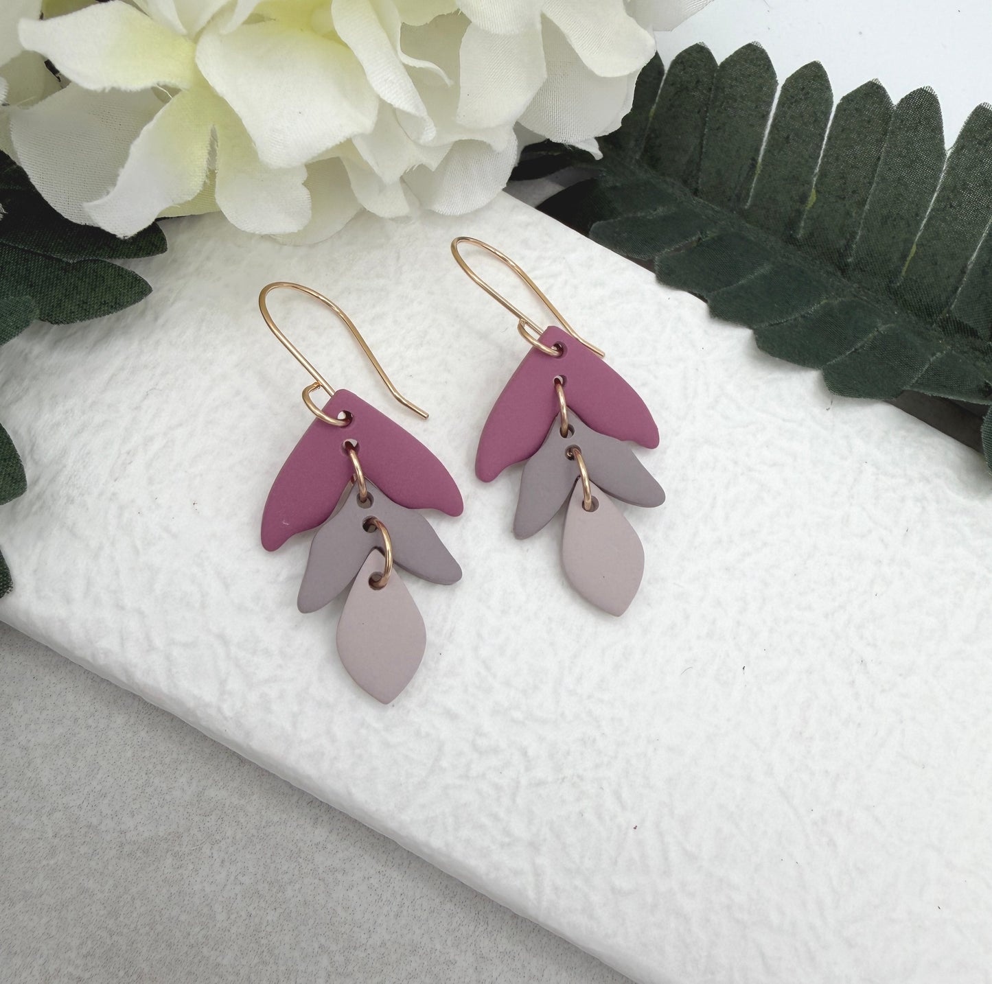Earrings Made with Polymer Clay Petals in Shades of Pink  and Pink Gray PCE-954