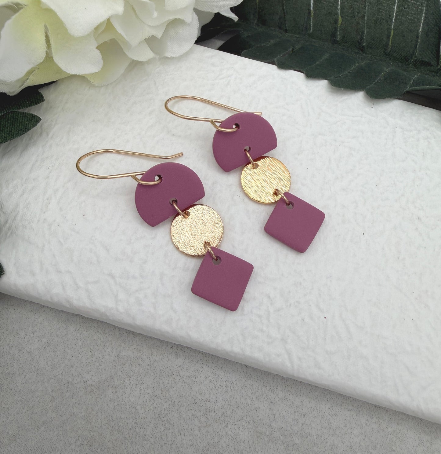 Earrings Made with Pink Polymer Clay Half Circles and Squares and Gold Plated Circles - PCE-955