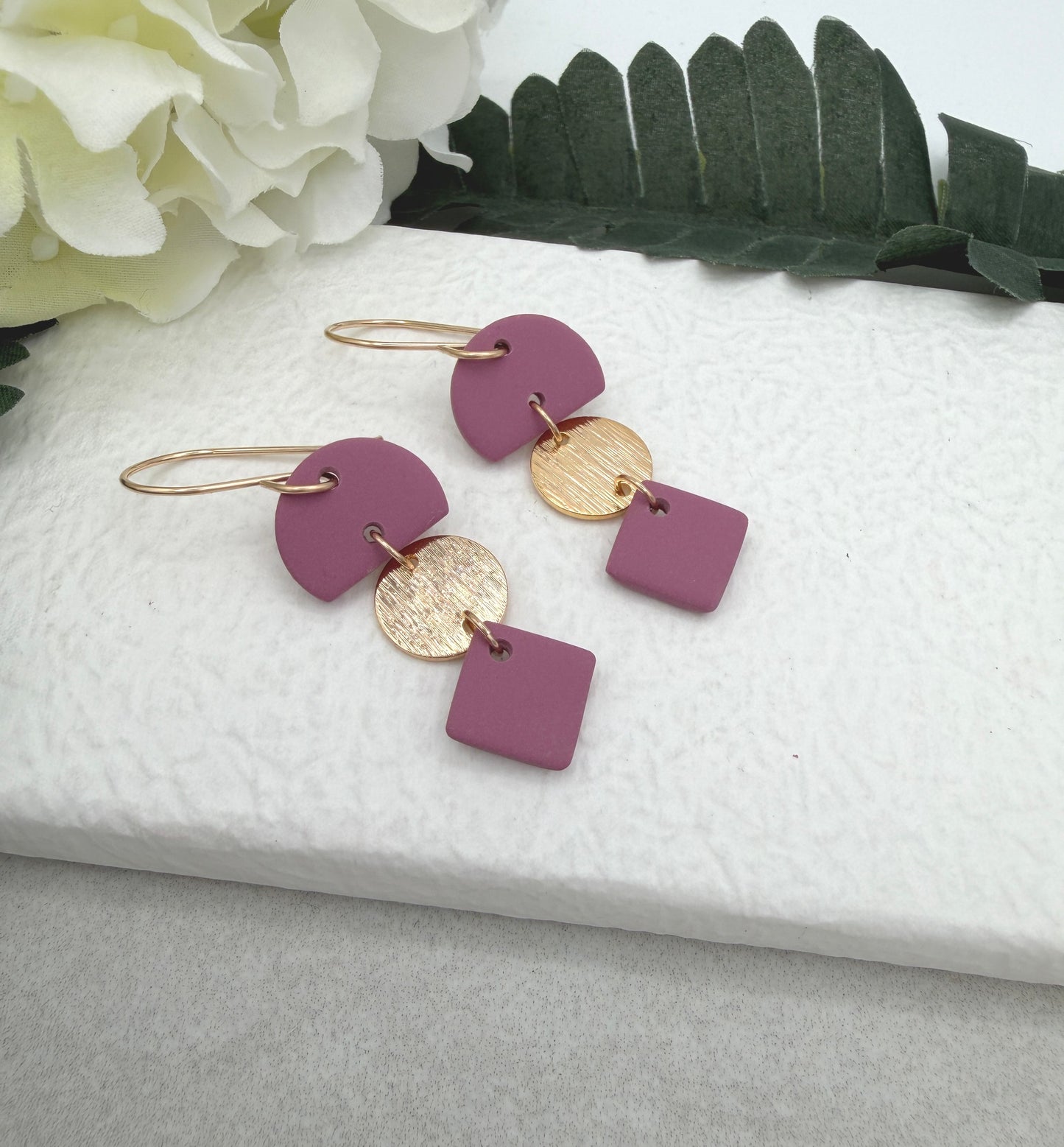 Earrings Made with Pink Polymer Clay Half Circles and Squares and Gold Plated Circles - PCE-955
