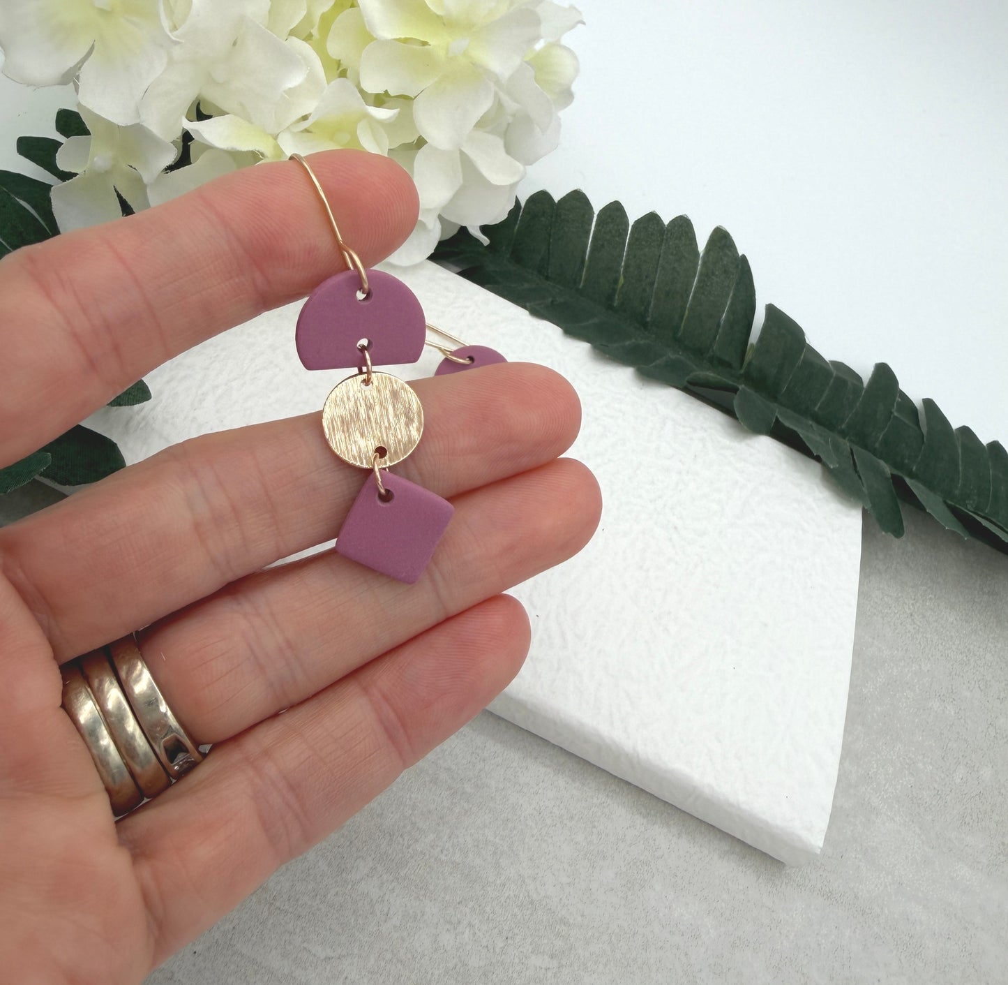 Earrings Made with Pink Polymer Clay Half Circles and Squares and Gold Plated Circles - PCE-955