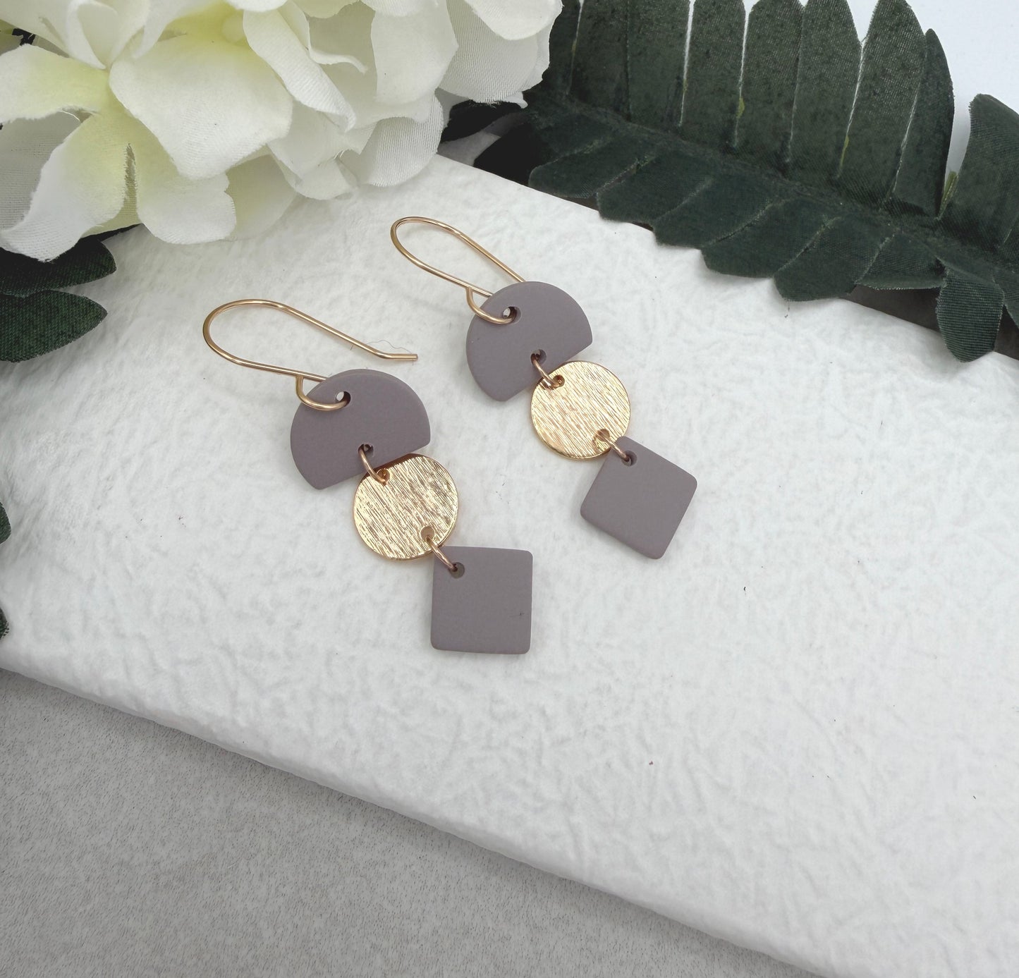 Earrings Made with Pink Gray Polymer Clay Half Circles and Squares and Gold Plated Circles - PCE-956